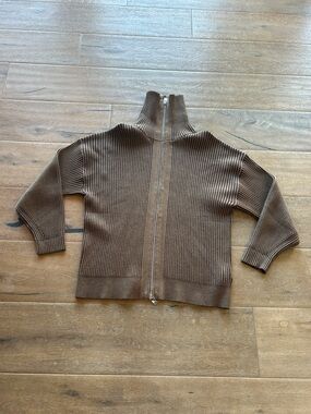 Varley Chestnut Brown Ribbed Full-Zip Mock Neck Sweater